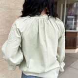 3/4 Sleeve Button Front Woven Embroidered Top