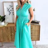Drop Shoulder Smocked Waist Midi Dress w/ Front Zipper and Pockets