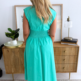 Drop Shoulder Smocked Waist Midi Dress w/ Front Zipper and Pockets