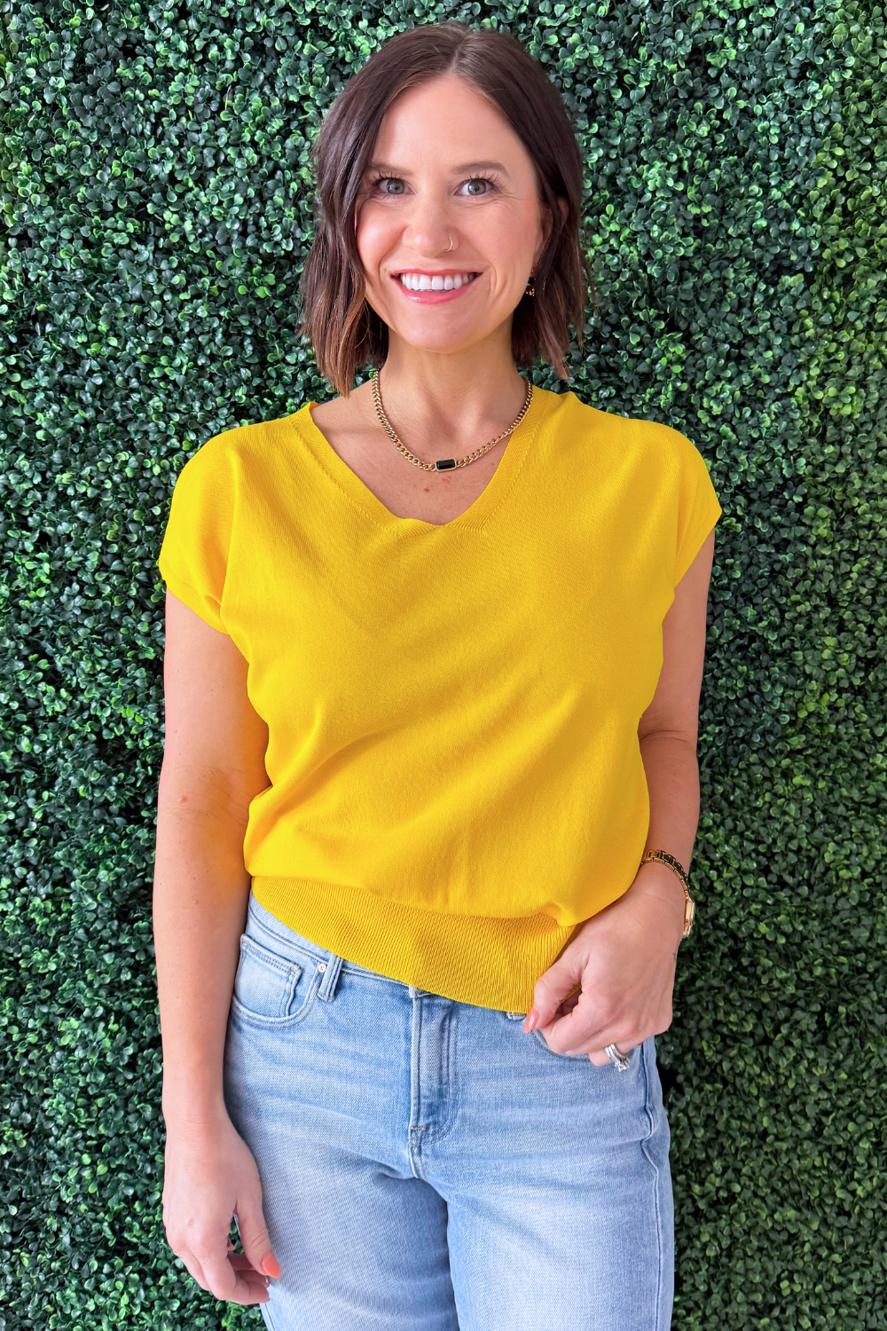 Relaxed Fit Short Sleeve V Neck Top