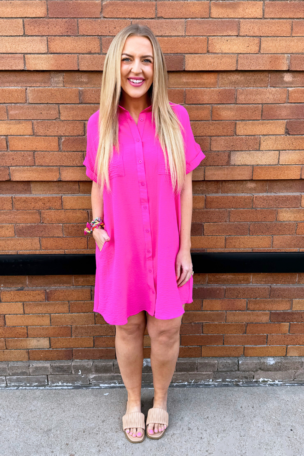 Drop Shoulder Button Up Woven Shirt Dress Small / Hot Pink Drop Shoulder Button Up Woven Shirt Dress Small / Hot Pink