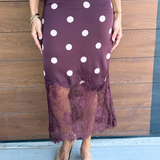 Polka Dot Lace Satin Midi Skirt