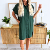 Drop Shoulder Button Up Woven Shirt Dress
