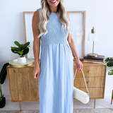 Sleeveless Crew Neck Tie Back Sweater Woven Dress