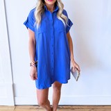 Drop Shoulder Button Up Woven Shirt Dress