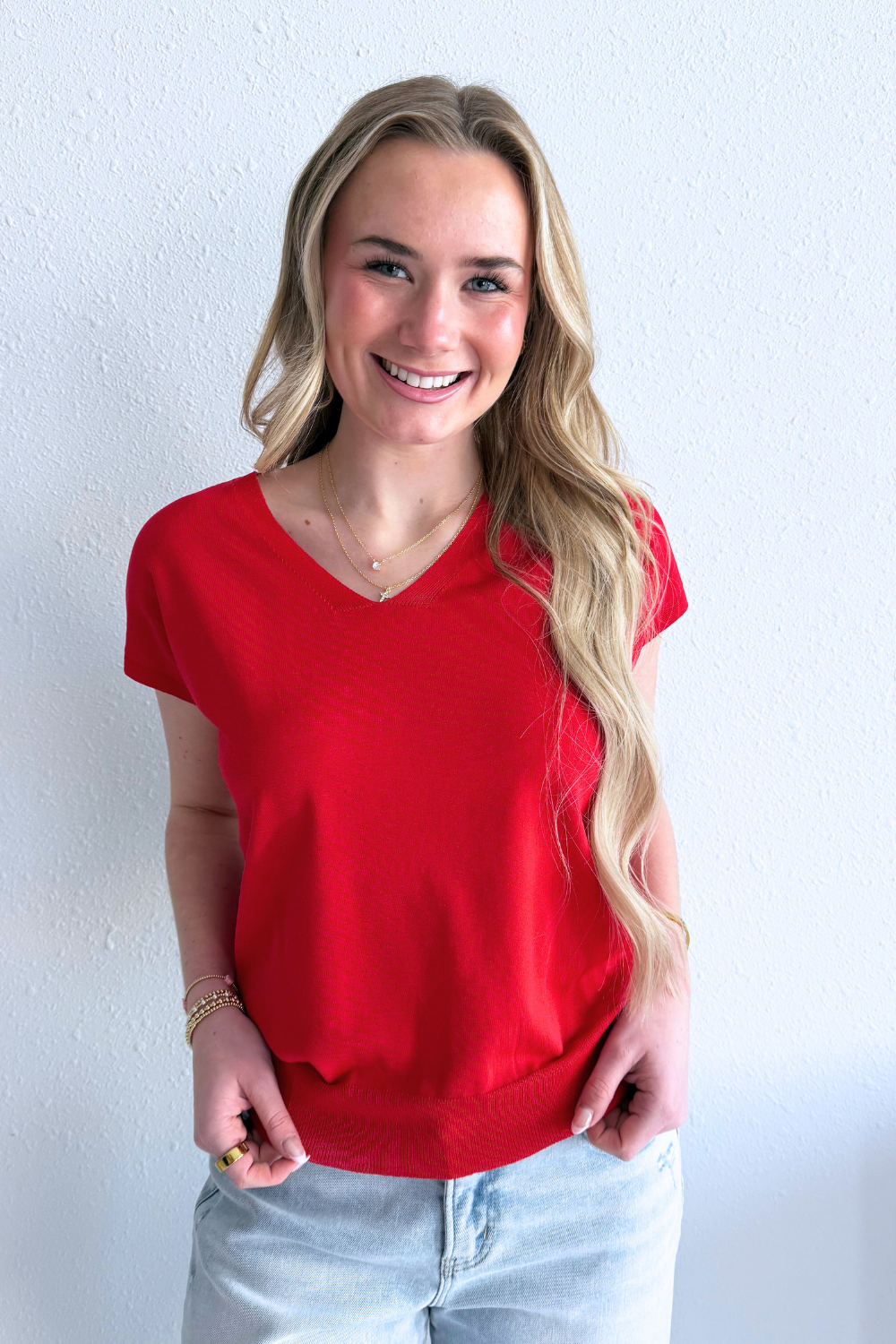 Relaxed Fit Short Sleeve V Neck Top