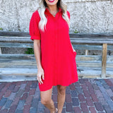 Short Sleeve Button Down Mini Dress w/ Pockets
