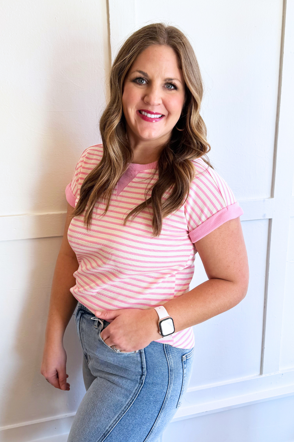 Striped Round Neck Short Sleeve Knit Top - The 308 Boutique