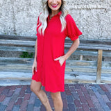 Short Sleeve Button Down Mini Dress w/ Pockets