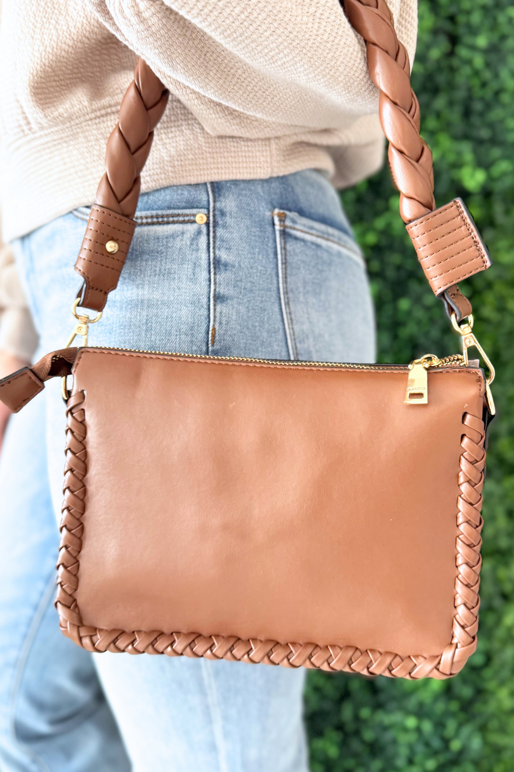 Judith Whipstitch Trim Shoulder Bag w/ Braided Handle - The 308 Boutique