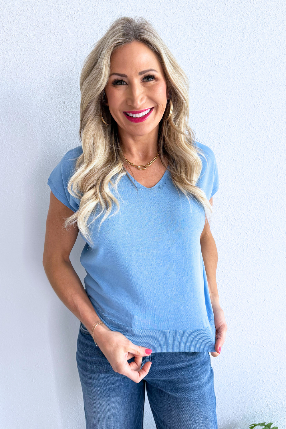 Relaxed Fit Short Sleeve V Neck Top