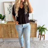 Short Sleeve V Neck Dolan Popover Sweater w/ Step Hem
