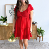 Flutter Sleeve Smock Tiered Sweetheart Woven Dress