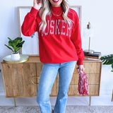 Red Gingham Nebraska Applique Grey Mockneck