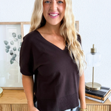Short Sleeve V Neck Dolan Popover Sweater w/ Step Hem