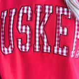 Red Gingham Nebraska Applique Grey Mockneck
