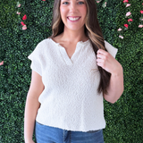 Split Neck Slub Sweater Top with Dolman Sleeves