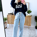 Double Stripe Wide Leg Drawstring Denim Pants