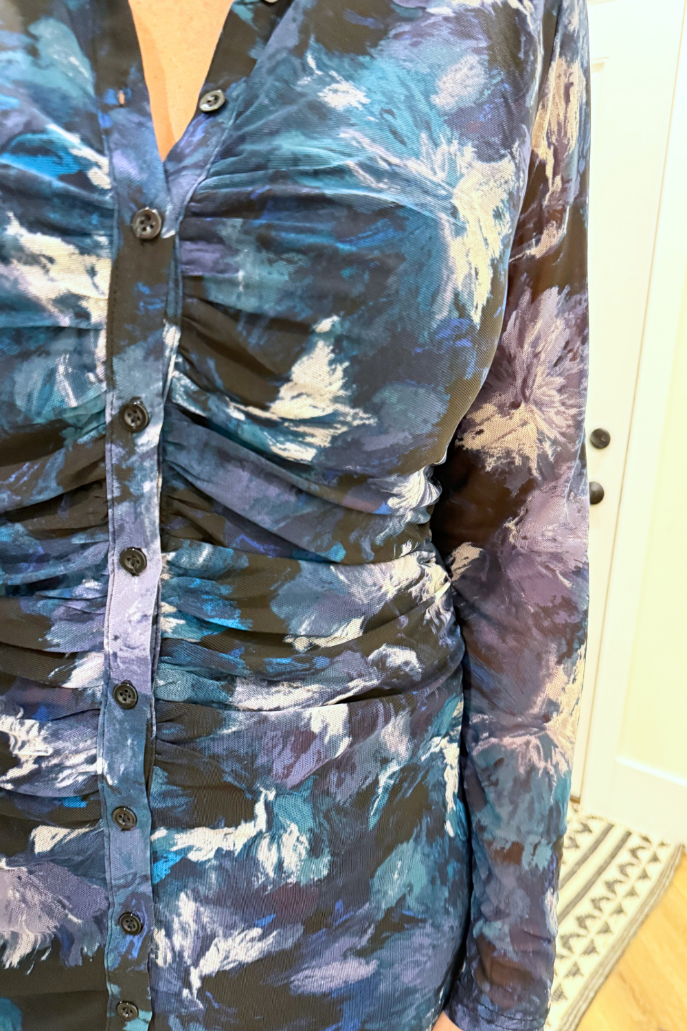 Floral Mesh Ruch Midi Shirt Dress - The 308 Boutique