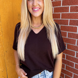 Short Sleeve V Neck Dolan Popover Sweater w/ Step Hem