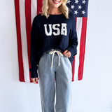 Double Stripe Wide Leg Drawstring Denim Pants