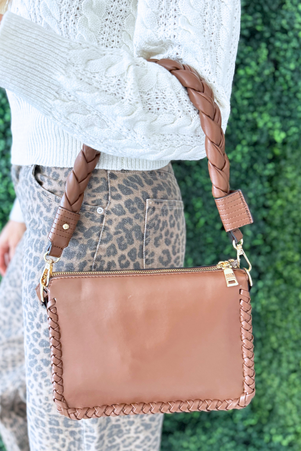 Judith Whipstitch Trim Shoulder Bag w/ Braided Handle - The 308 Boutique