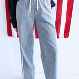 Double Stripe Wide Leg Drawstring Denim Pants