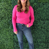 Knit Long Sleeve V Neck Collared Top