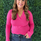 Knit Long Sleeve V Neck Collared Top