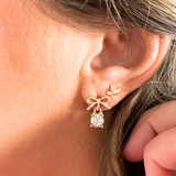 Metal Bow Earrings with Glass Stone Dangle