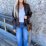 Faux Leather Lapel Collar V-Neck Button Down Shirt - The 308 Boutique