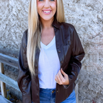 Faux Leather Lapel Collar V-Neck Button Down Shirt - The 308 Boutique
