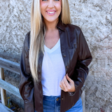 Faux Leather Lapel Collar V-Neck Button Down Shirt - The 308 Boutique