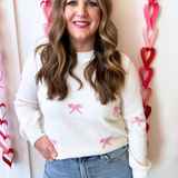 Bow Embroidery Crew Neck Long Sleeve Pullover Sweater