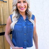 Sleeveless Button Top with Pockets