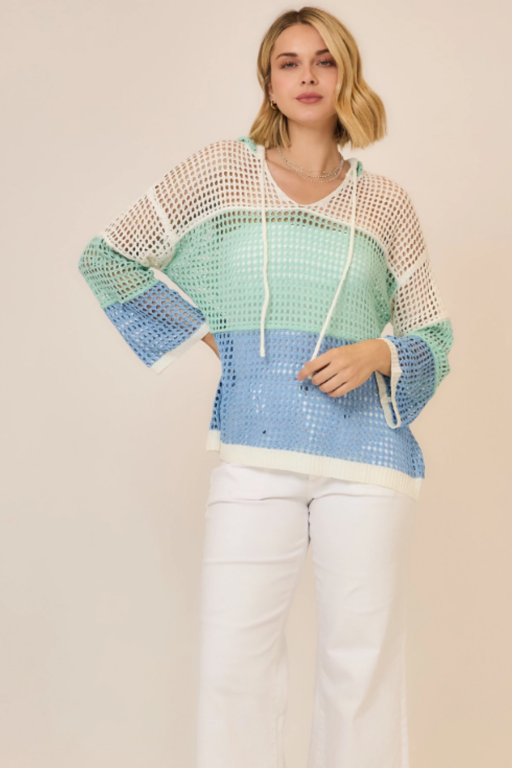 Open Knit Color Block Hood Sweater