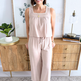 Embroidered Soft Linen Blend Square Neck Tank