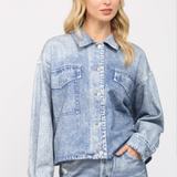 Washed Denim Print Boxy French Terry Shirt Jacket