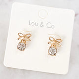 Metal Bow Earrings with Glass Stone Dangle