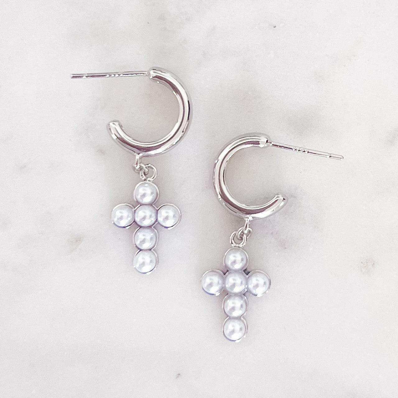 Huggies with Pearl Cross Charm - The 308 Boutique