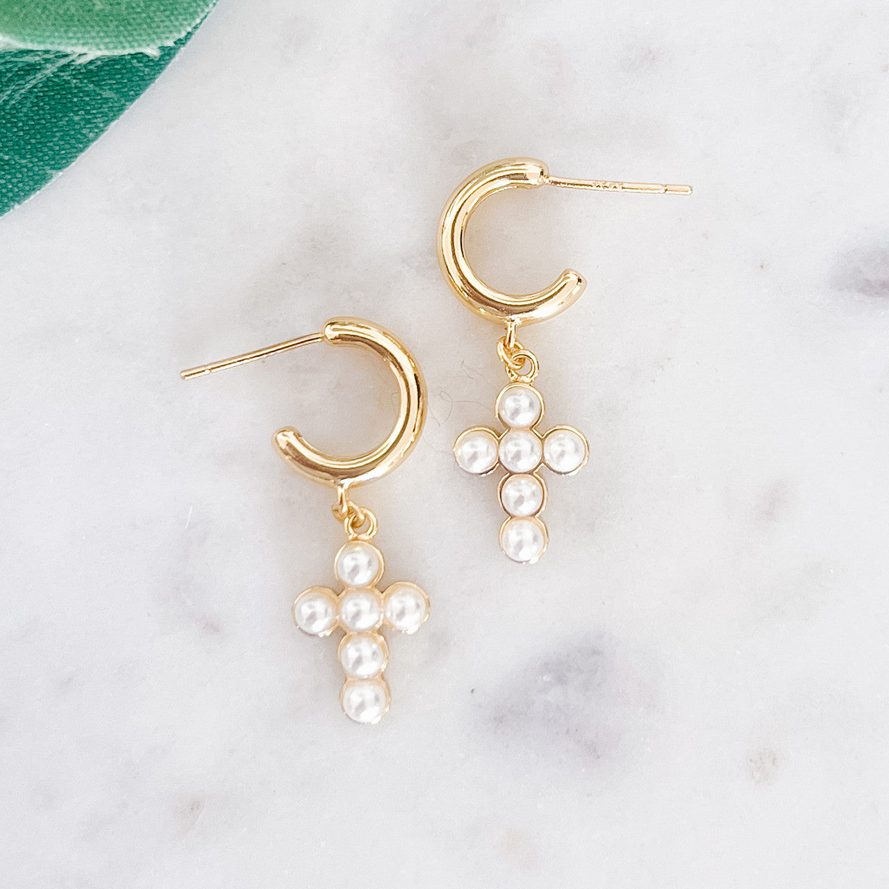 Huggies with Pearl Cross Charm - The 308 Boutique