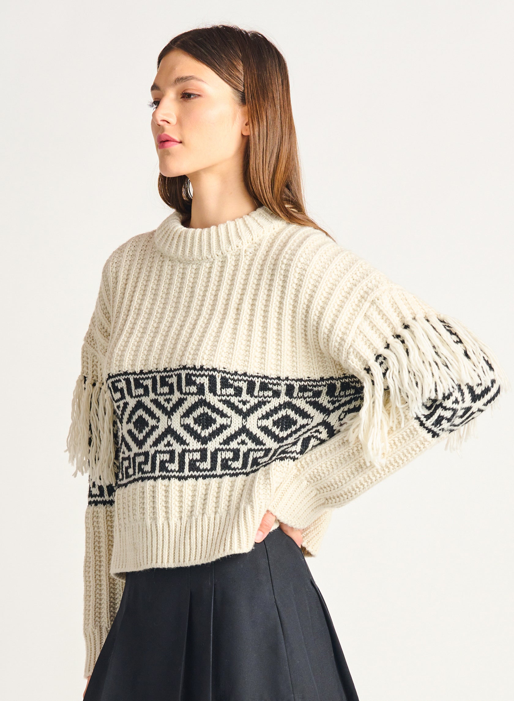 Fringe Detail Jacquard Sweater
