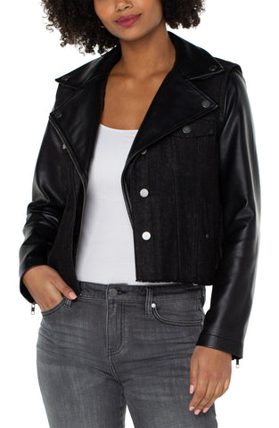 PU Denim Hybrid Moto Jacket