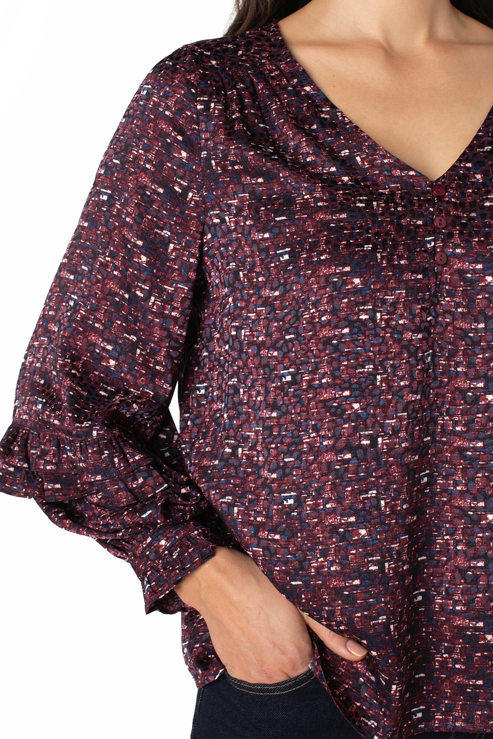 Long Sleeve Woven Blouse w/ Ruffles