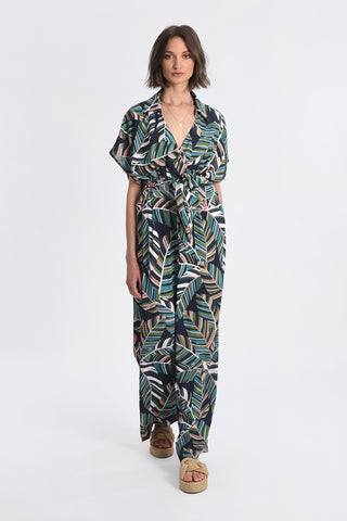 Palm Print Short Sleeve Jumpsuit