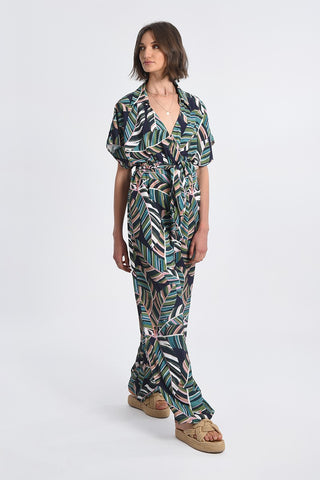 Palm Print Short Sleeve Jumpsuit