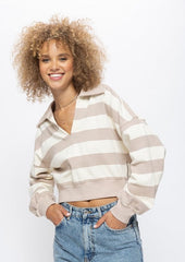 Side Zip Striped V Neck Pullover - Taupe/Cream