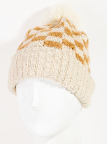 Fuzzy Checkered Pom Beanie