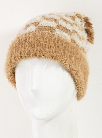 Fuzzy Checkered Pom Beanie