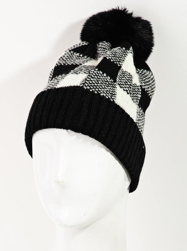 Knitted Pom Checkered Beanie
